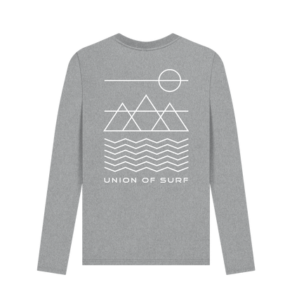 Grey Men’s long sleeve graphic t-shirt by Union of Surf with white mountain and wave design.