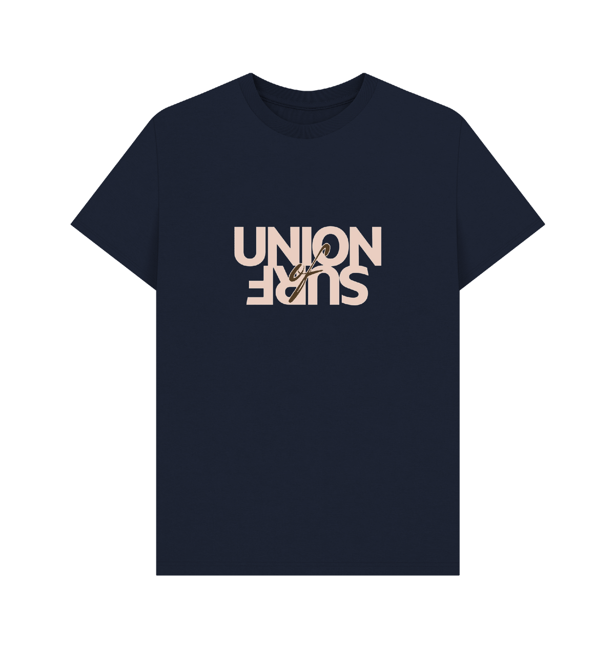 Union of surf casual organic cotton men's t-shirt with size guide and sustainable production details