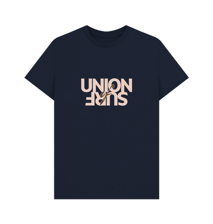 Union of surf casual organic cotton men's t-shirt with size guide and sustainable production details