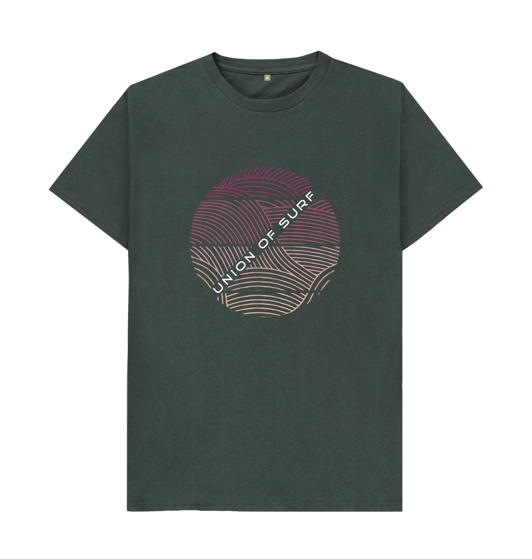 Crimson Tides graphic men's t-shirt in dark green with circular wave design.