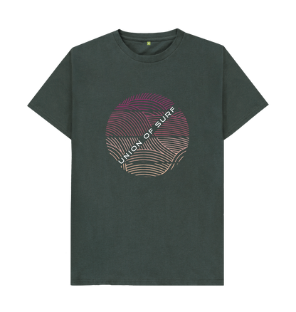 Crimson Tides graphic men's t-shirt in dark green with circular wave design.