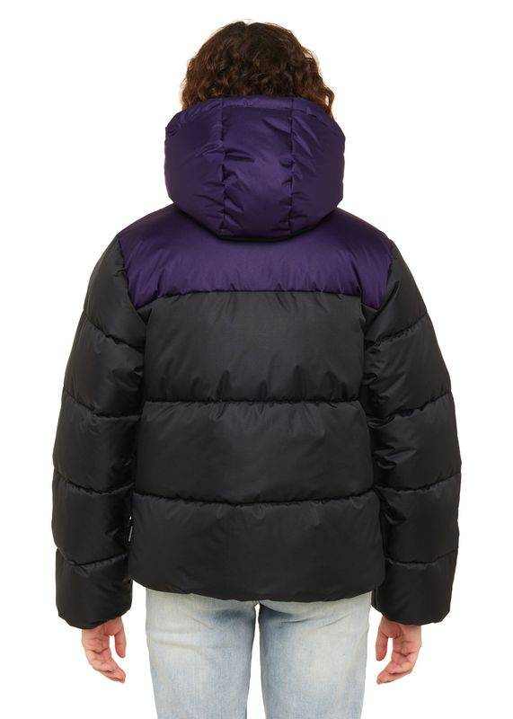 Sisstrevolution Rita Puff Jacket in black and purple, featuring a quilted puffer design, contrasting shoulder panel and hood.