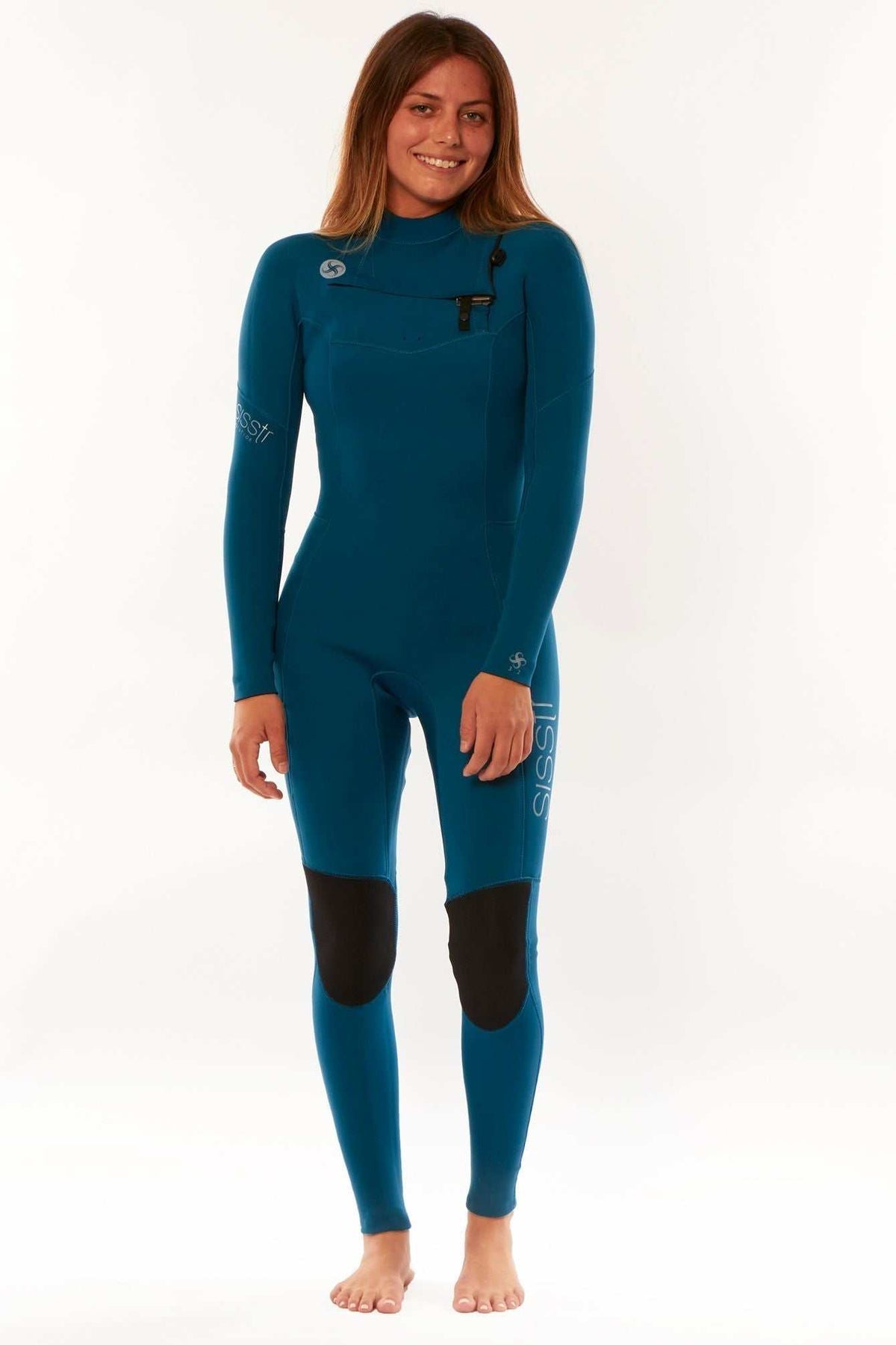 Seven Seas 3/2 Chest Full Wetsuit in teal blue with black knee pads, chest zipper, and full-length sleeves and legs, designed for women.