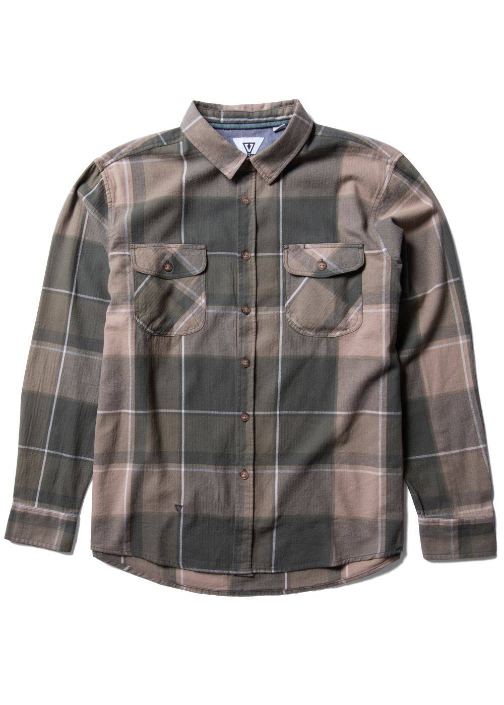 Vissla Central Coast Eco flannel shirt in muted brown and gray organic cotton plaid, with button front and dual chest pockets.