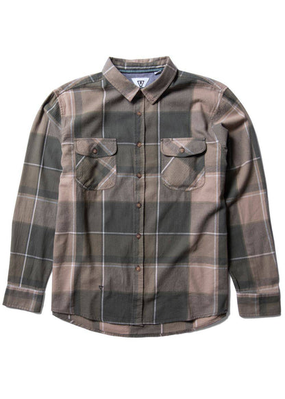 Vissla Central Coast Eco flannel shirt in muted brown and gray organic cotton plaid, with button front and dual chest pockets.