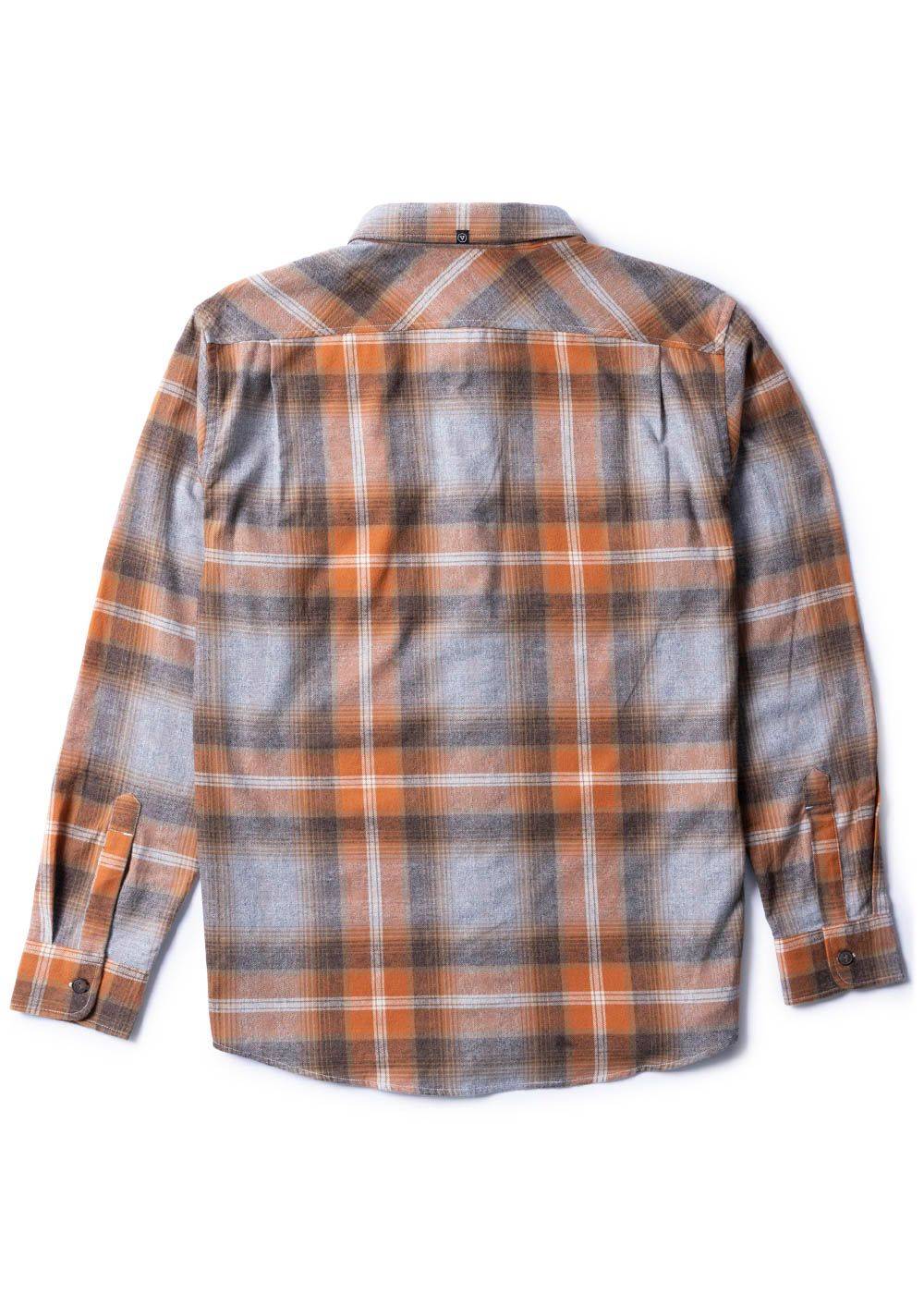 Vissla Central Coast Eco flannel shirt in muted orange, gray and white plaid, with long sleeves and a back yoke.