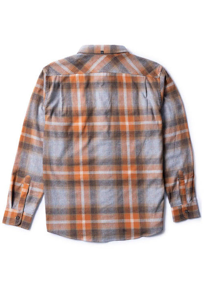 Vissla Central Coast Eco flannel shirt in muted orange, gray and white plaid, with long sleeves and a back yoke.