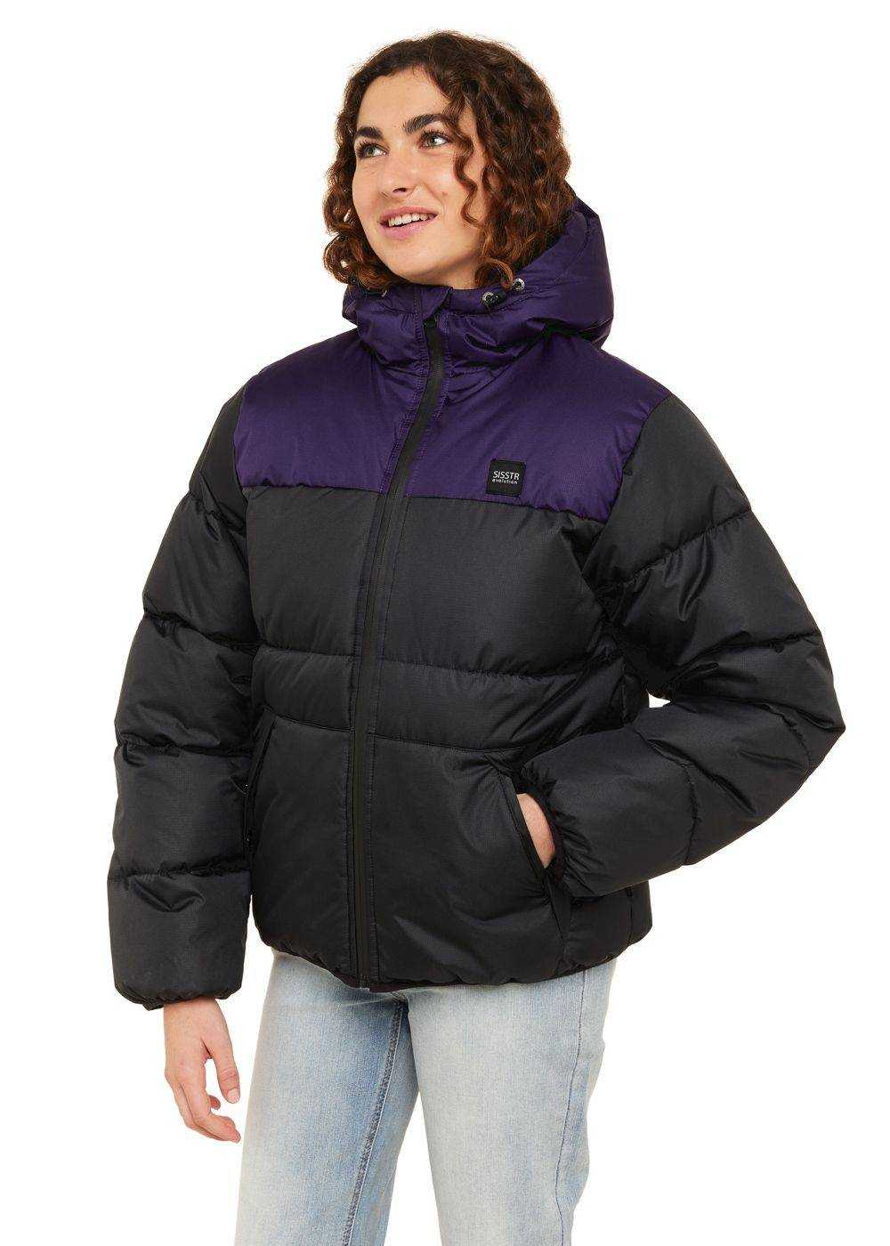 Sisstrevolution Rita Puff Jacket in black and deep purple, featuring a color-block design, quilted padding, hood, and zip front.