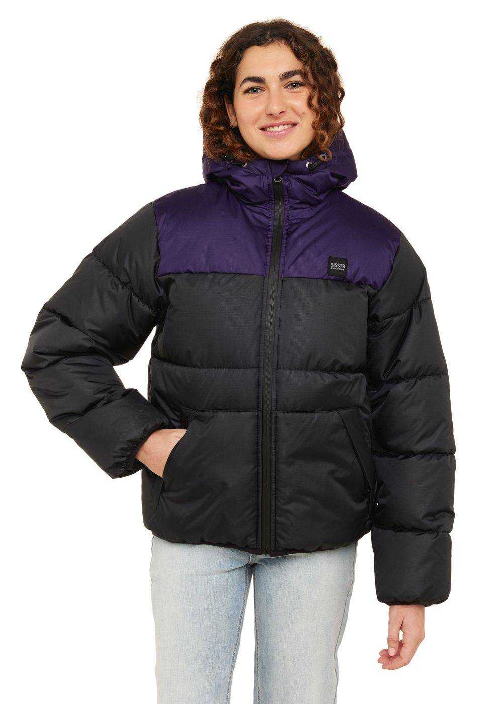 Sisstrevolution Rita Puff Jacket with black and deep purple color-block panels, quilted puffer construction, hood, and zip front.