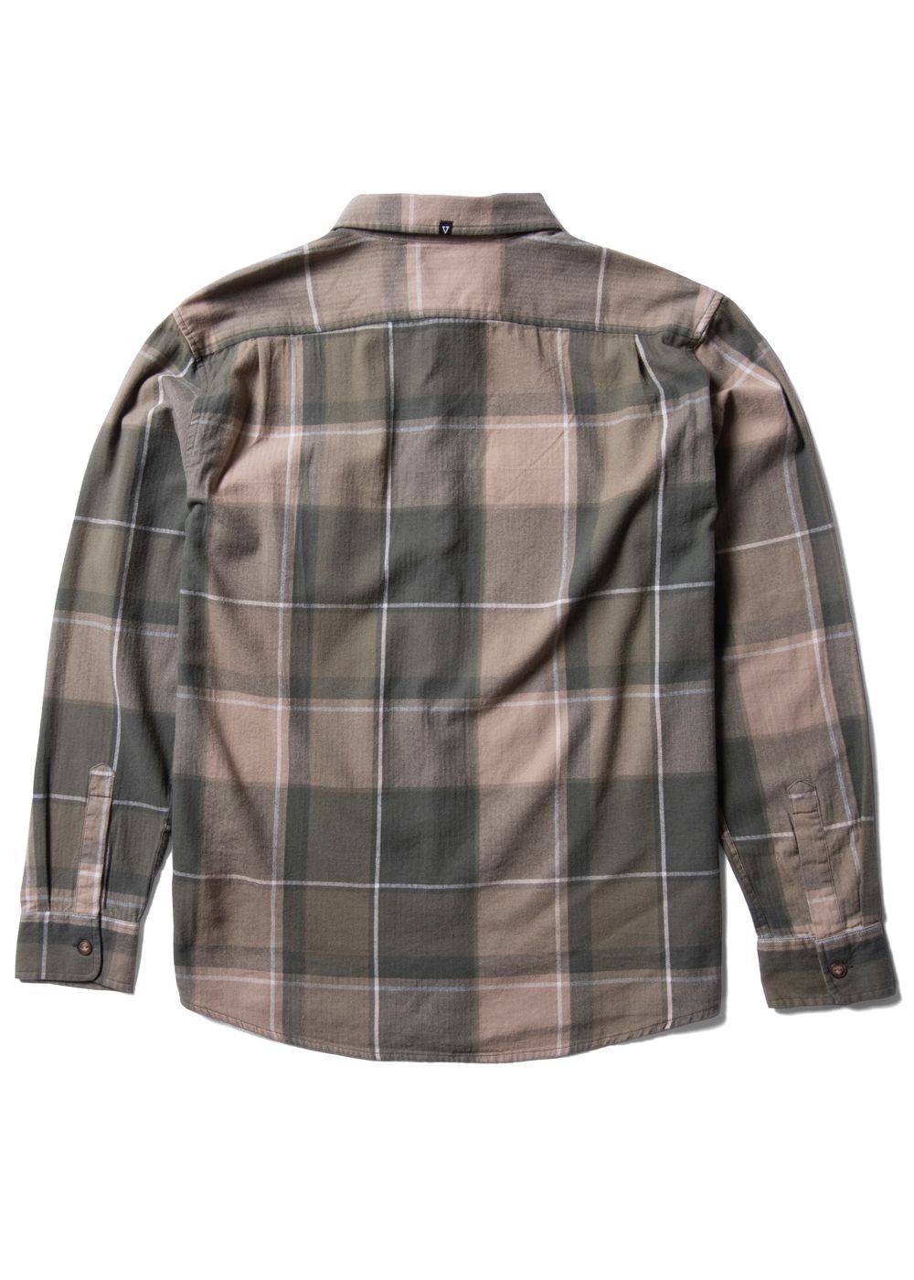 Vissla Central Coast Eco long-sleeve flannel shirt in muted brown and grey plaid, with a back yoke and button cuffs.