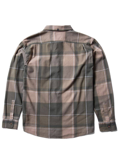 Vissla Central Coast Eco long-sleeve flannel shirt in muted brown and grey plaid, with a back yoke and button cuffs.