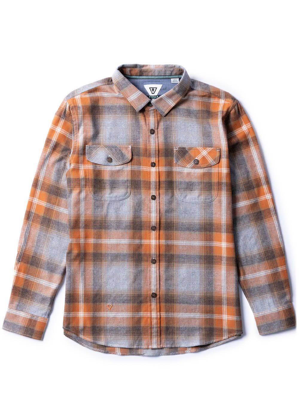 Vissla Central Coast Eco long-sleeve flannel shirt in orange and gray plaid, with two buttoned chest pockets and a collared front.