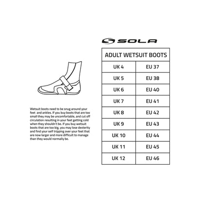 Wetsuit boot size guide for Sola 5mm pull on boots, black-and-white chart with a boot diagram and UK to EU sizes.