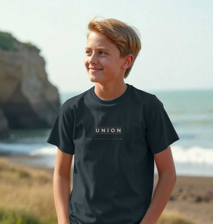 Kids organic cotton surf t-shirt for children with size guide and eco-friendly print