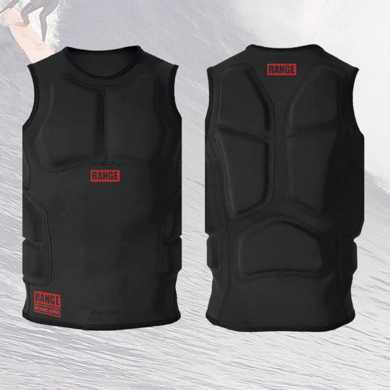 Range IMPACT VEST in black neoprene, sleeveless with red branding and segmented padded panels on front and back.