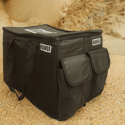 Range Lethal Organizator surf gear bag in black textured fabric, with mesh side pocket, two front Velcro flaps and zip closure.