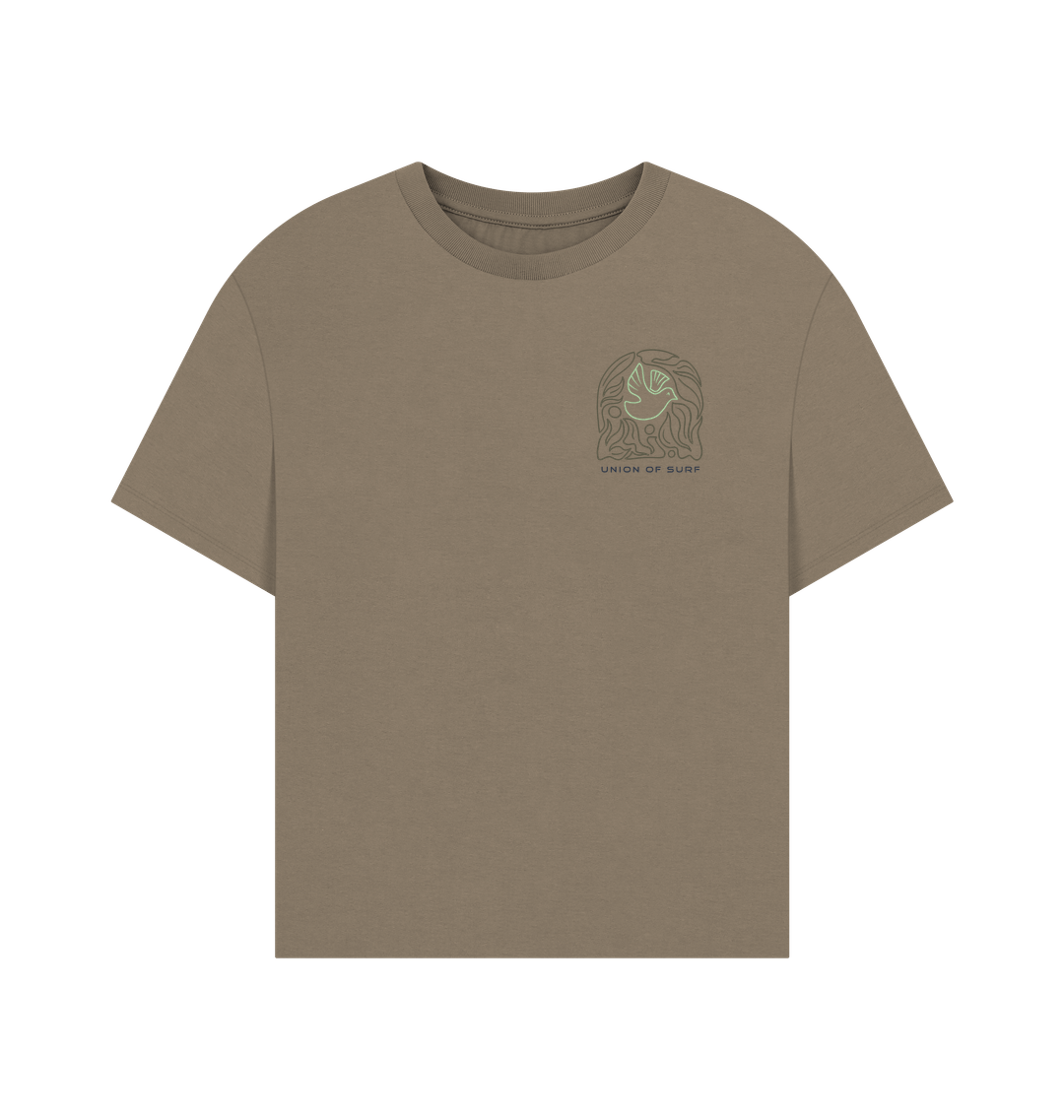 Womens Relaxed Fit Coastal T Shirt in taupe with small graphic logo.