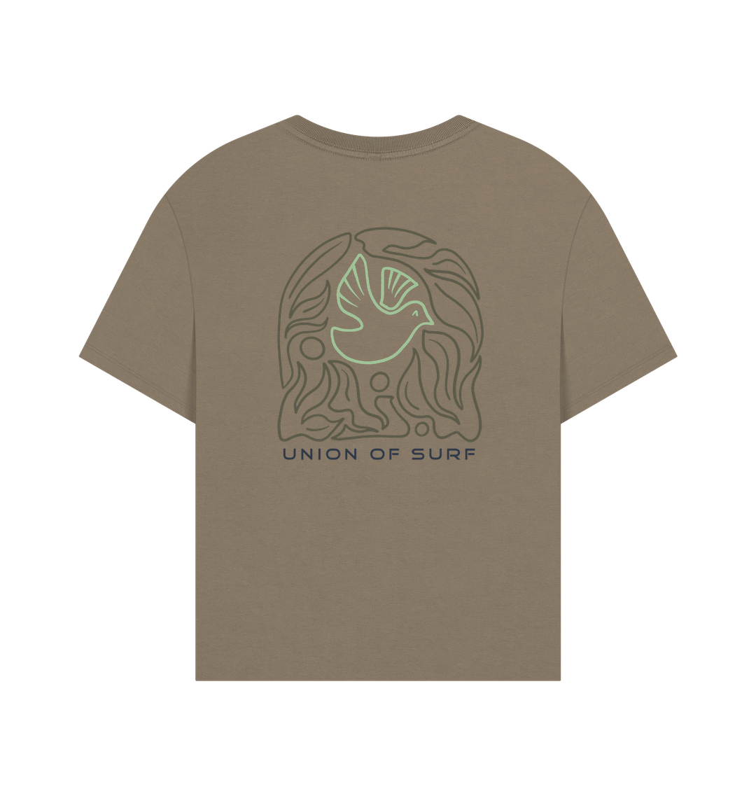 Back view of a brown Womens Relaxed Fit Coastal T Shirt featuring a mint bird graphic.