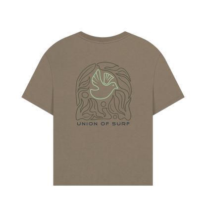Back view of a brown Womens Relaxed Fit Coastal T Shirt featuring a mint bird graphic.