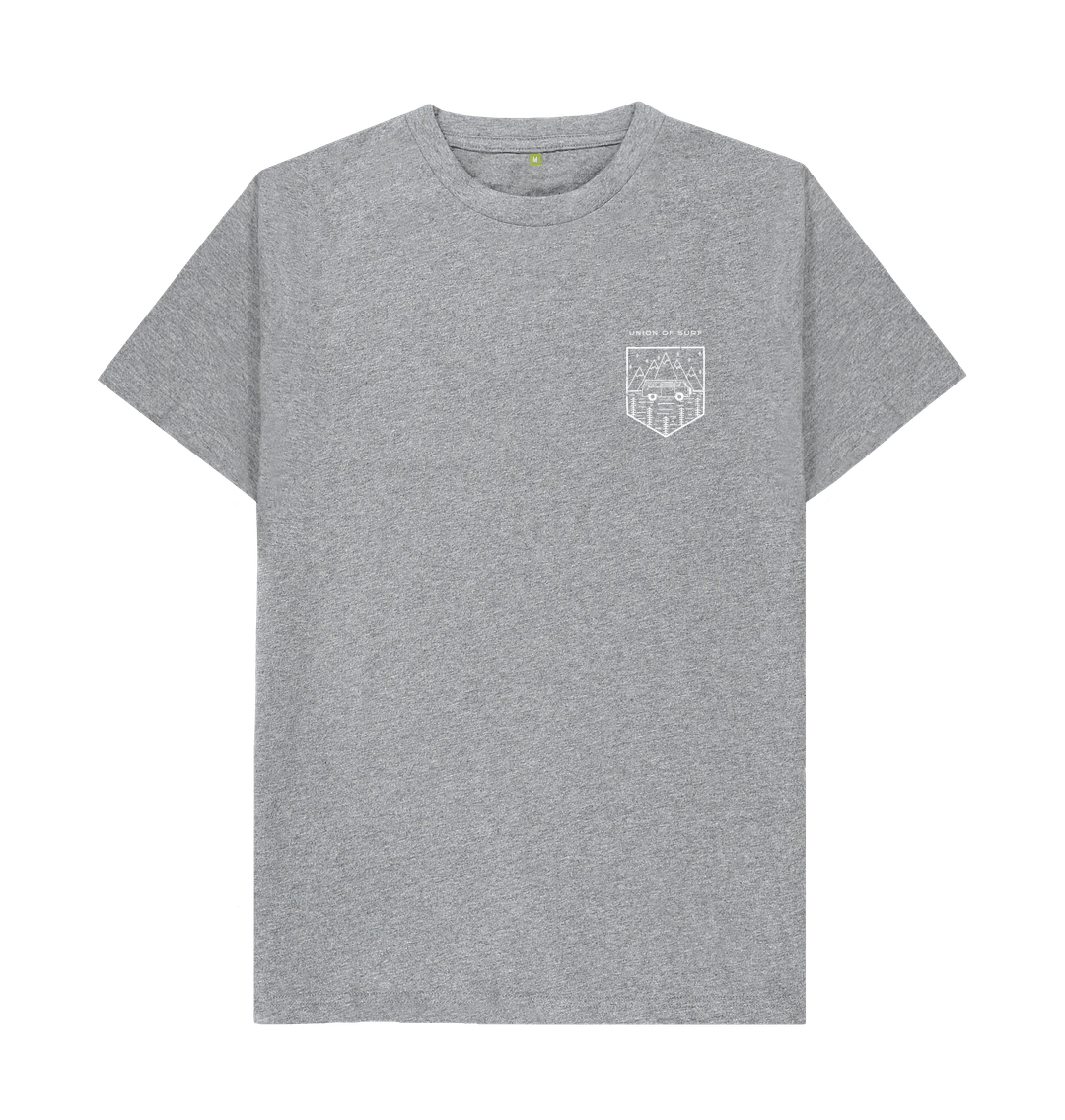 Grey relaxed fit organic T-shirt for men by Union of Surf with a white chest graphic.