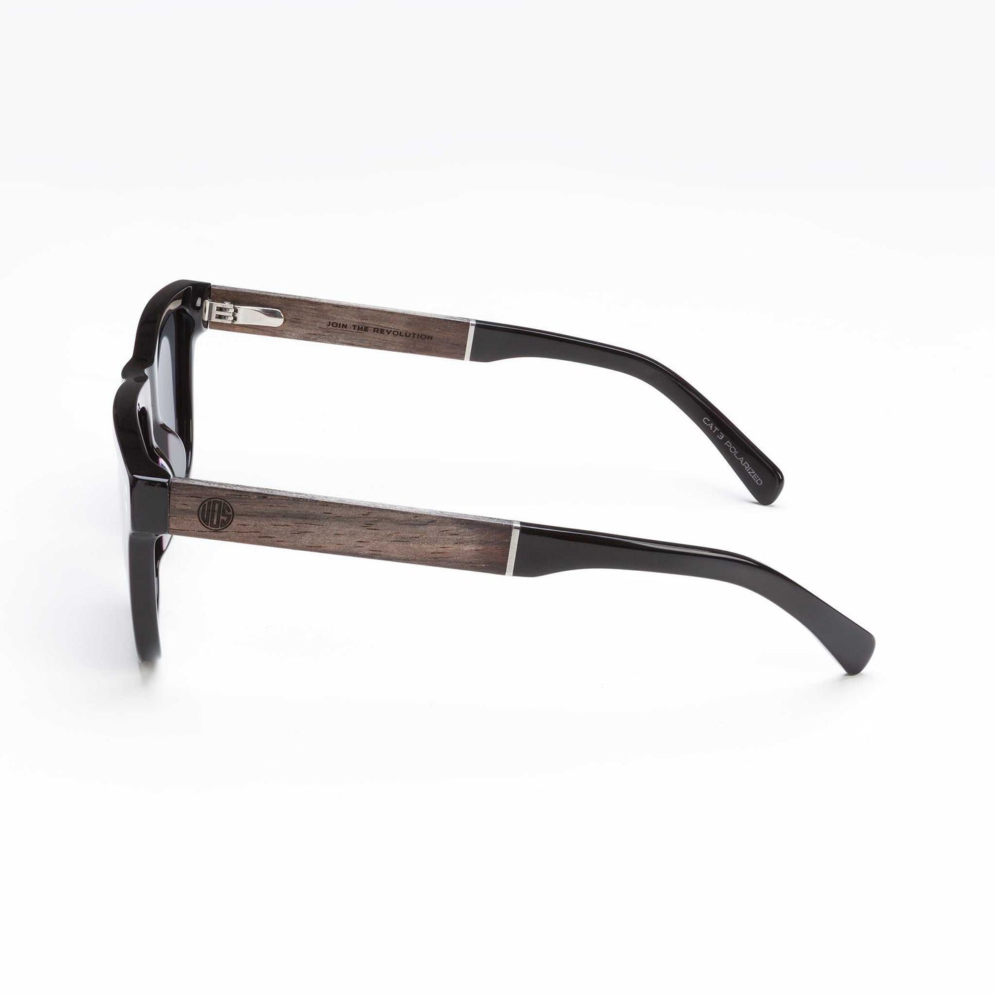 Driftwood Polarised Sunglasses with eco-friendly cellulose frame and wooden arms, featuring polarized lenses and classic square design