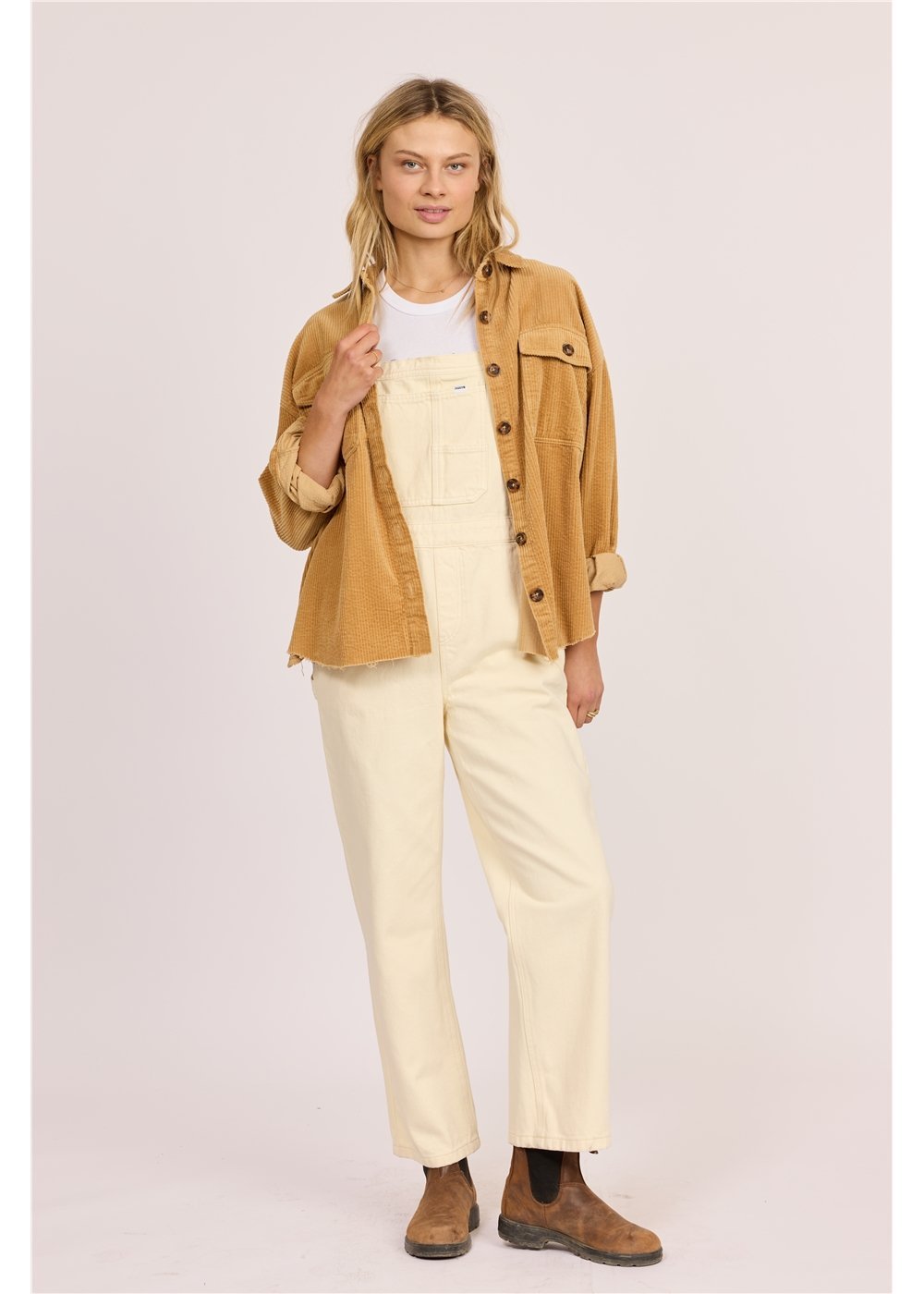 Sisstr After Hours corduroy shacket in warm tan cotton, with a button front, collar, and chest pockets.