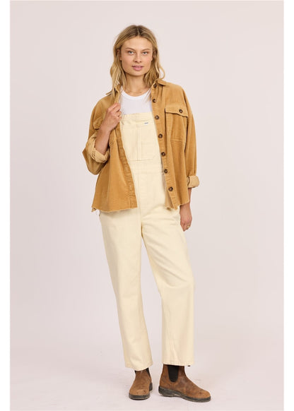Sisstr After Hours corduroy shacket in warm tan cotton, with a button front, collar, and chest pockets.