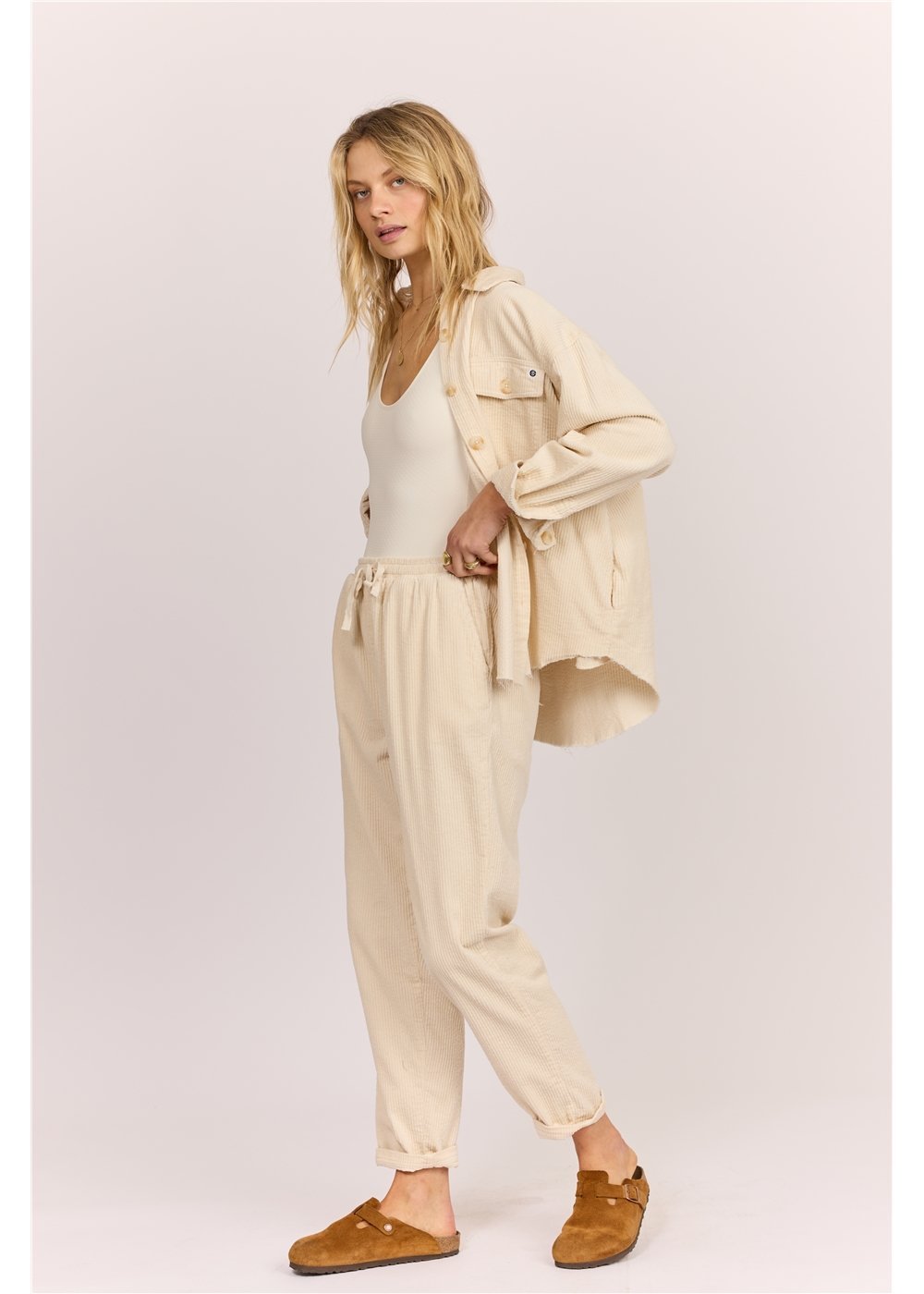 Sisstr After Hours shacket in cream cotton corduroy, with a collared neckline, button front, chest pockets and relaxed fit.