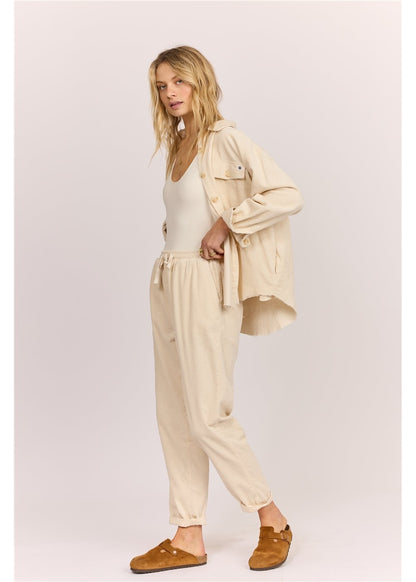 Sisstr After Hours shacket in cream cotton corduroy, with a collared neckline, button front, chest pockets and relaxed fit.