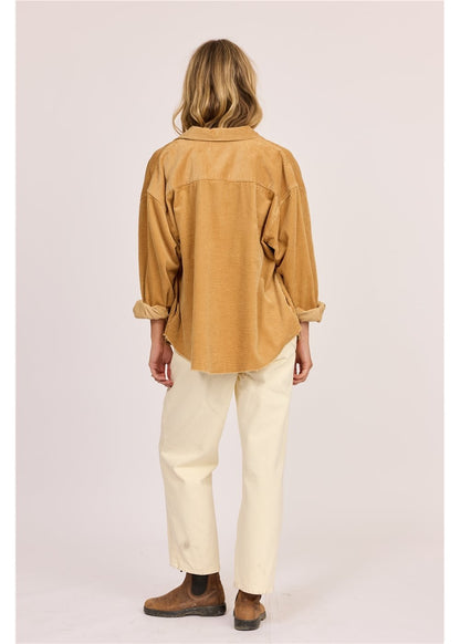 Sisstr After Hours corduroy shacket in golden tan cotton, with a collared neckline, button front, and rolled cuffs.