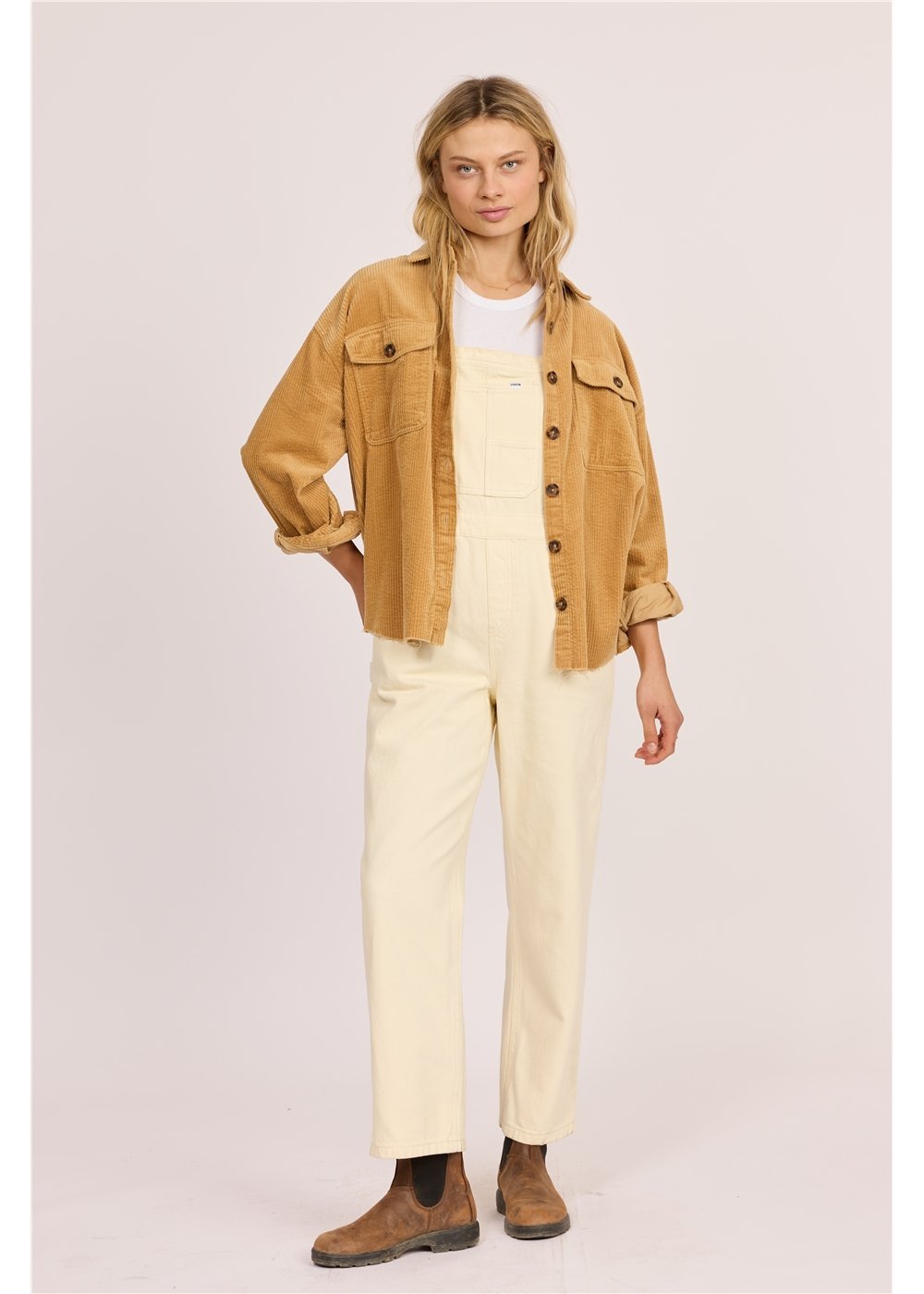 Sisstr After Hours tan corduroy shacket with a collared neckline, button front, and chest flap pockets