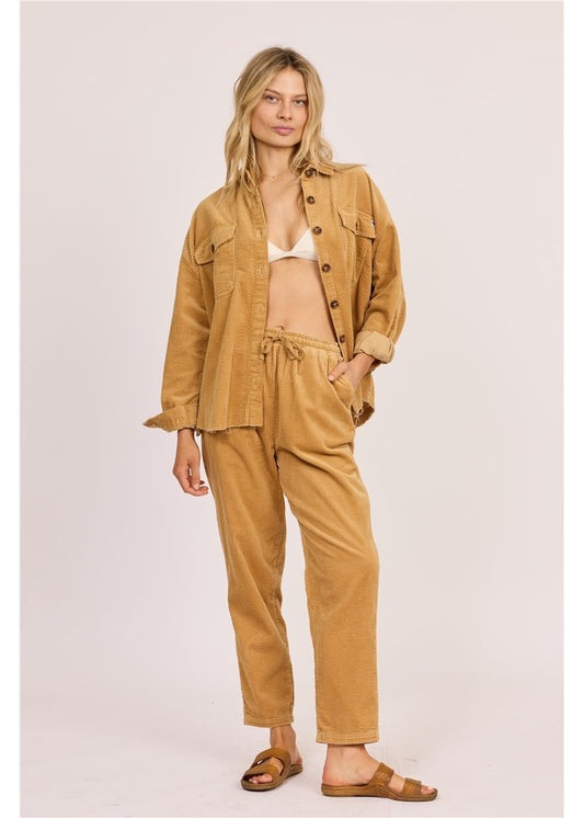 Sisstr After Hours corduroy shacket in camel brown cotton, with a collared neckline, button front and chest pockets