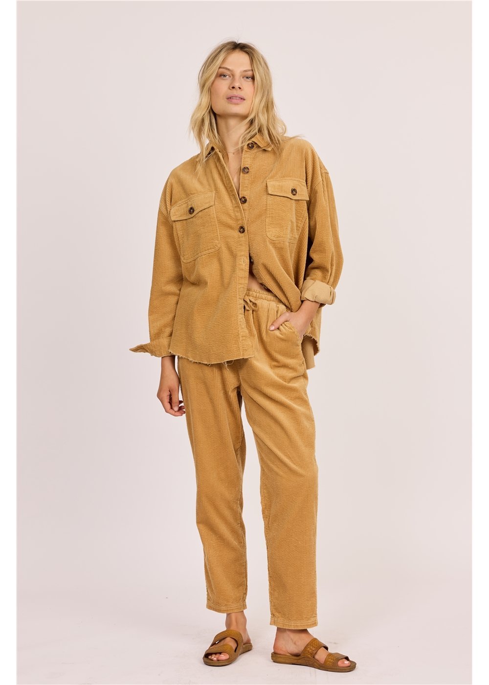 Sisstr After Hours corduroy shacket in mustard brown cotton, with a button front and two chest pockets.