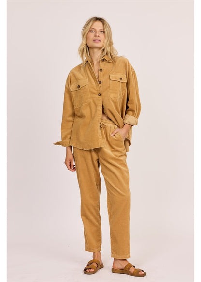 Sisstr After Hours corduroy shacket in mustard brown cotton, with a button front and two chest pockets.