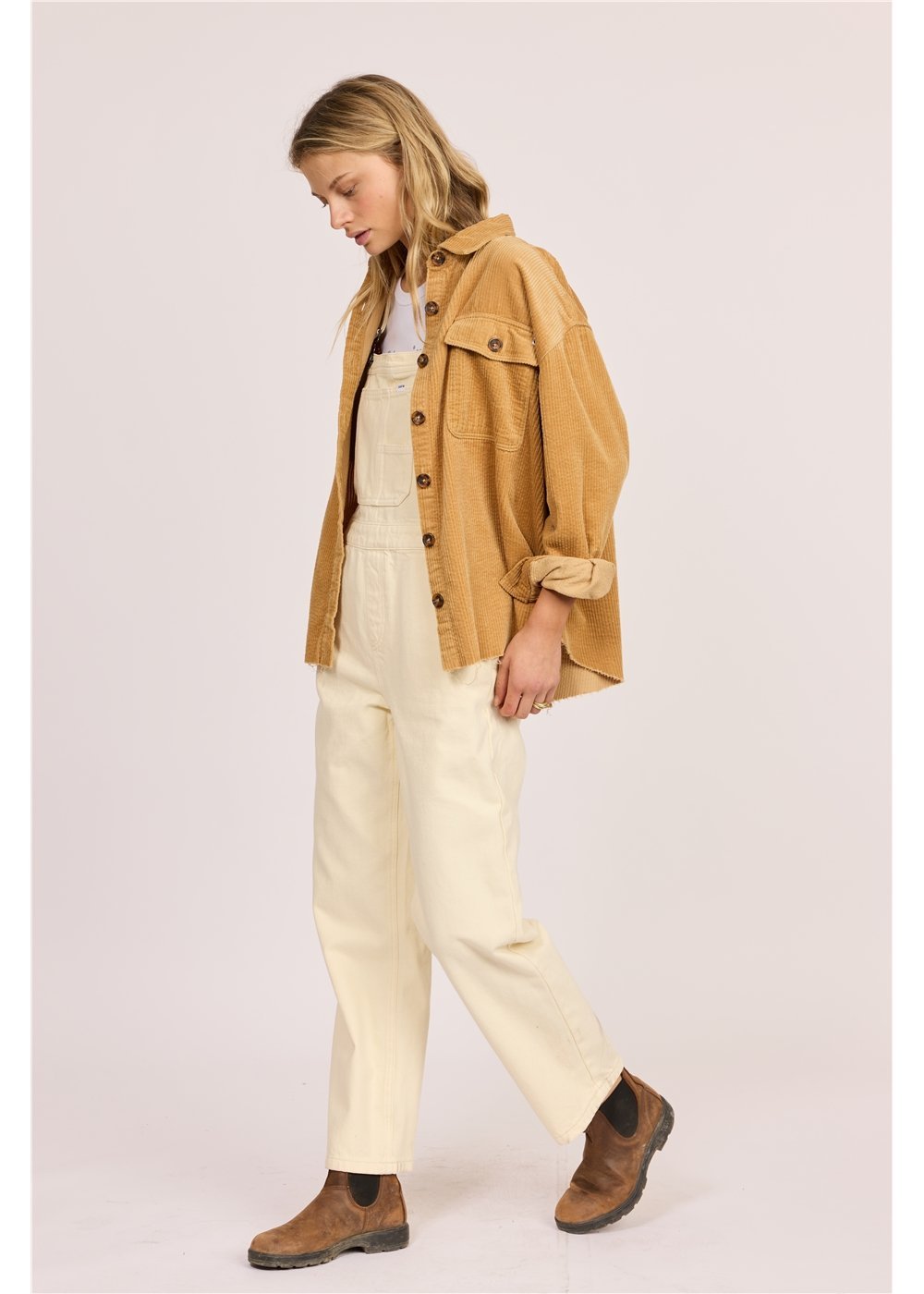 Sisstr After Hours corduroy shacket in mustard brown cotton, with a button front, chest pockets, and a collared design.