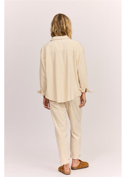 Sisstr After Hours cord shacket in pale cream cotton, with a collared neckline, button cuffs and relaxed fit.