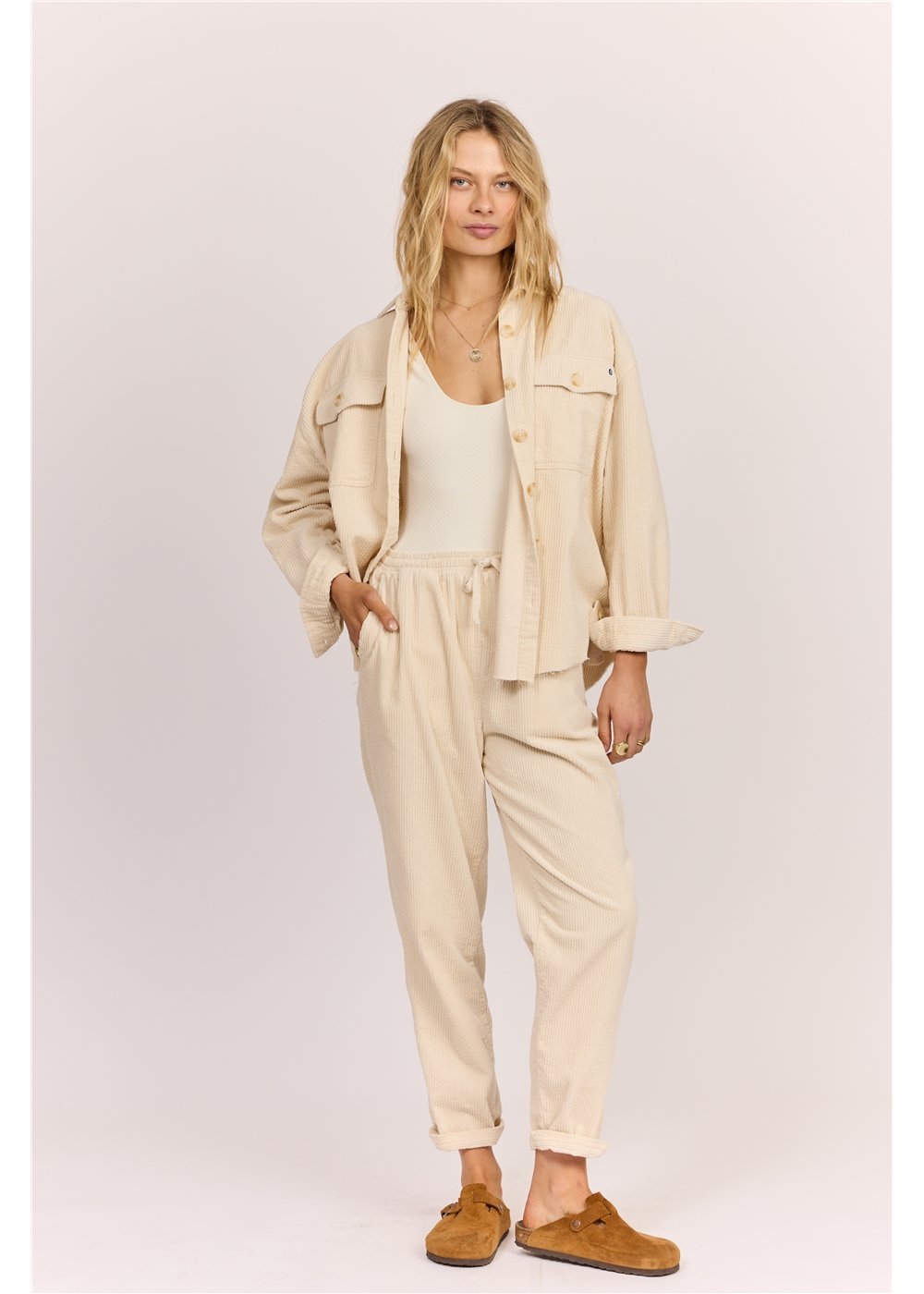 Sisstr After Hours cord shacket in pale cream cotton, with a collared button front, chest pockets and rolled cuffs.