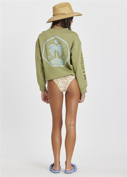 Sisstr Day Trip crewneck fleece in olive green cotton blend with pale blue back graphic and sleeve lettering.