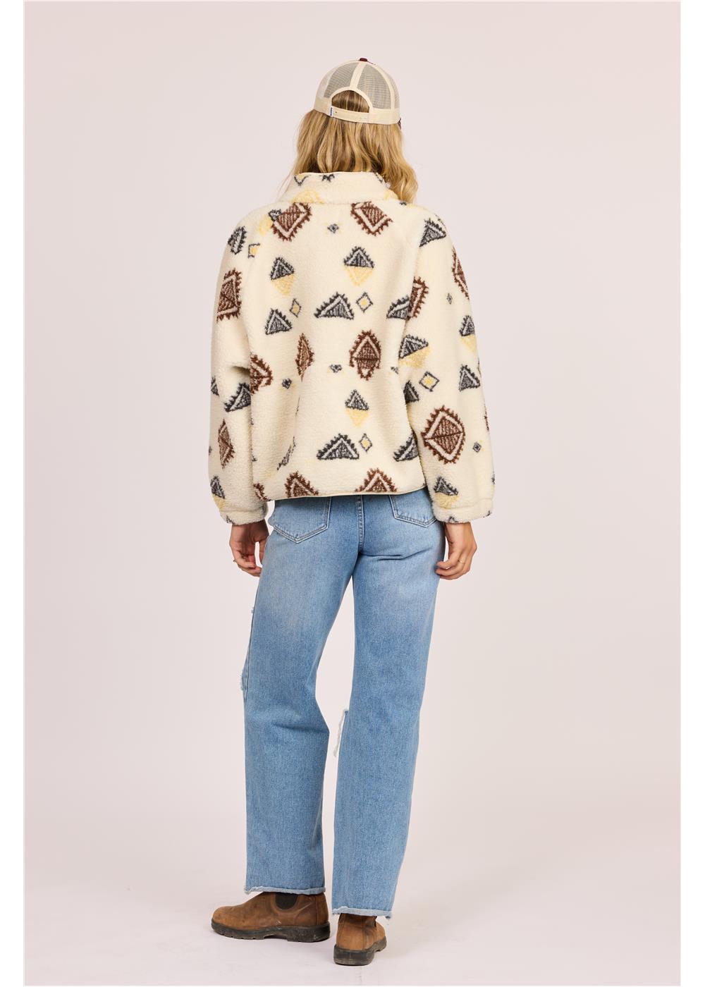 Sisstr Live Sherpa Fleece in cream sherpa fleece with brown and black geometric patterns and a snap-button front.