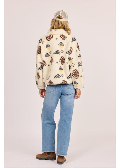 Sisstr Live Sherpa Fleece in cream sherpa fleece with brown and black geometric patterns and a snap-button front.