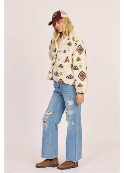 Sisstr Live Sherpa Fleece in cream sherpa with multicolor geometric patterns, snap-button front and chest pocket