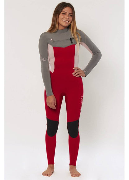 Sisstr 7 Seas 3/2 chest-full wetsuit in red and gray stretch neoprene, with black knee panels and chest zip.