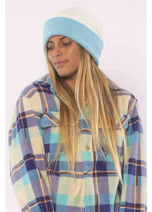 Sisstrevolution August Knit beanie in two-tone white and light blue knit, with a wide folded cuff.