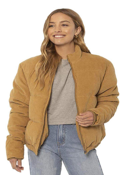 Sisstrevolution Bells Jacket, tan corduroy puffer with quilted sleeves, stand collar, front zip and elasticated hem.