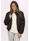 Sisstrevolution Chica Puffer Jacket in black quilted polyester, featuring a stand collar, zip front and elastic cuffs.