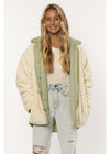 Sisstrevolution Sublime Ls Wvn Jacket in cream faux sherpa, with sage green quilted lining, hood, and button front.
