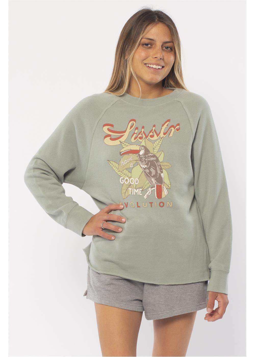 Sisstrevolution Tropical Crew sweatshirt in muted sage-green fleece, with ribbed cuffs and colorful toucan chest graphic.