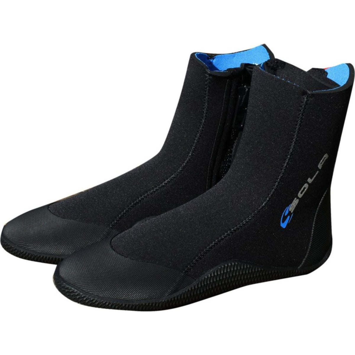 Sola 5mm Zip Boot in black neoprene with blue trim, side zips, textured soles and reinforced toe panels.