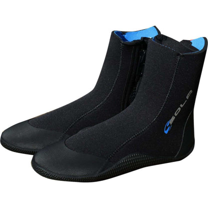 Sola 5mm Zip Boot in black neoprene with blue trim, side zips, textured soles and reinforced toe panels.