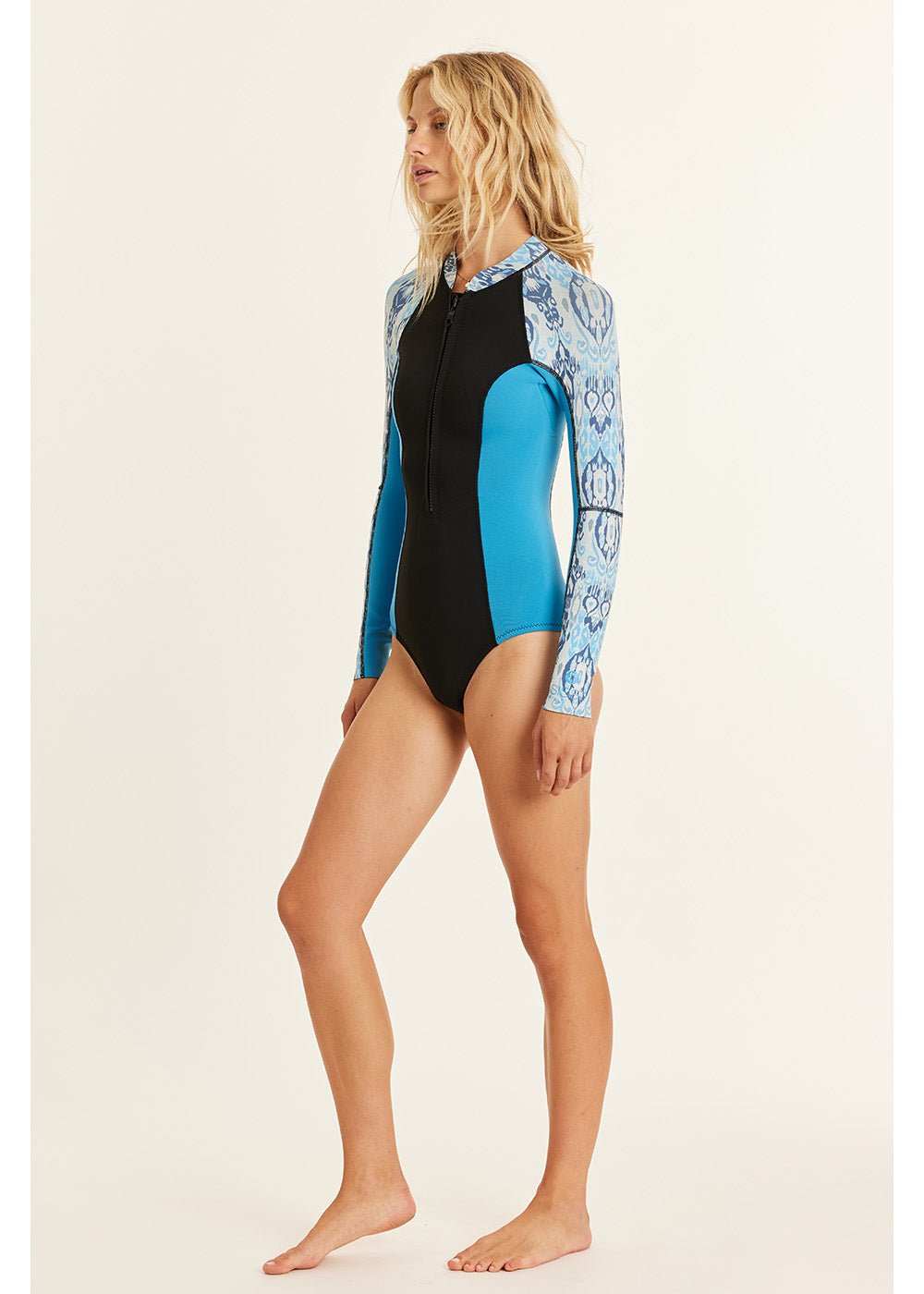 Women's Summer Seas Cheeky Wetsuit in black, blue, and white with long sleeves, front zipper, and patterned sleeves and collar.
